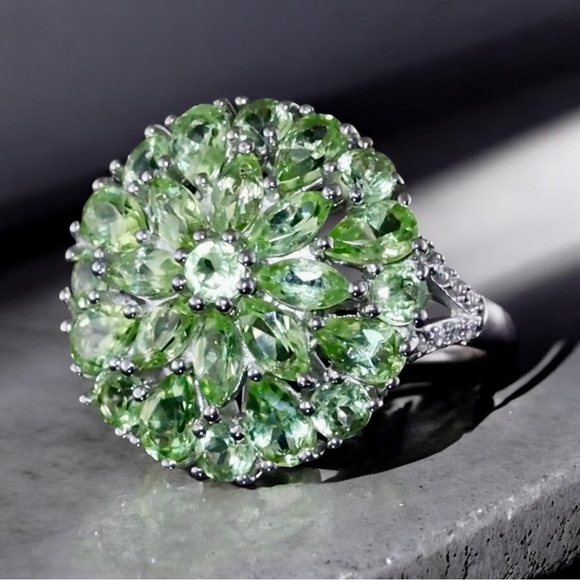 Peridot & Zircon Dahlia Floral Spray Ring Platinum Over Sterling Silver 4.35ctw